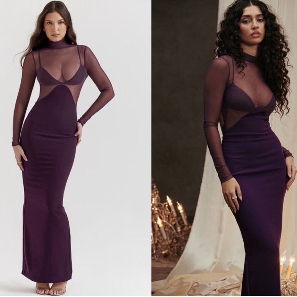 NWOT House of CB 'Safiya' Long Sleeve Cocktail maxi gown sz S plus cup